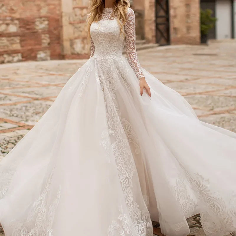 Wedding Dresses O-Neck A-Line Sexy Bridal Gowns Lace Appliques Long Sleeves Robe 2024 Vintage Vestidos De Novia Exquisite-payinti