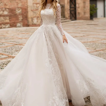 Wedding Dresses O-Neck A-Line Sexy Bridal Gowns Lace Appliques Long Sleeves Robe 2024 Vintage Vestidos De Novia Exquisite-payinti