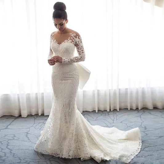 Luxury Women's Lace Wedding Dresses Detachable 2-Piece Set Gorgeous Decal Mermaid Long Sleeve Princess Formal Beach Bride Gowns-payinti