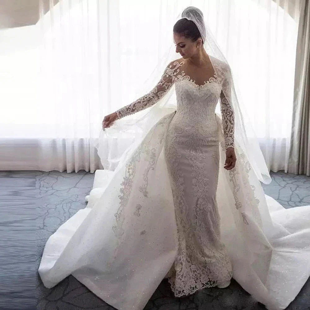 Luxury Women's Lace Wedding Dresses Detachable 2-Piece Set Gorgeous Decal Mermaid Long Sleeve Princess Formal Beach Bride Gowns-payinti
