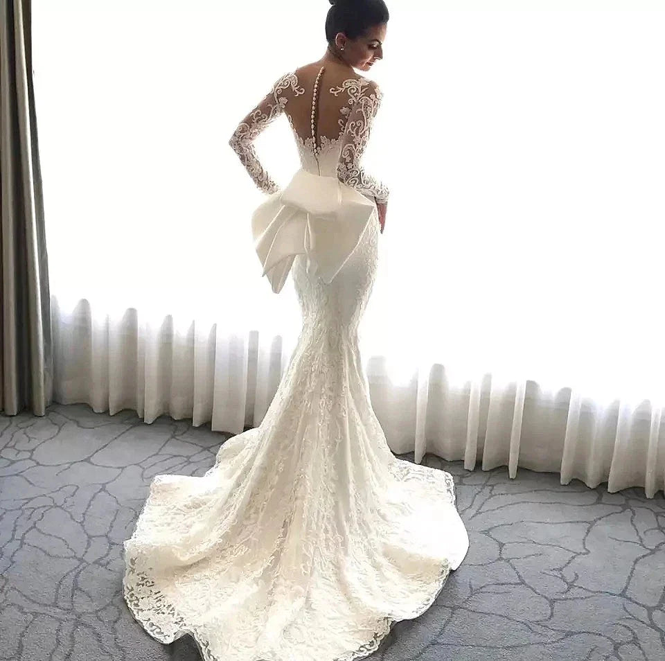 Luxury Women's Lace Wedding Dresses Detachable 2-Piece Set Gorgeous Decal Mermaid Long Sleeve Princess Formal Beach Bride Gowns-payinti