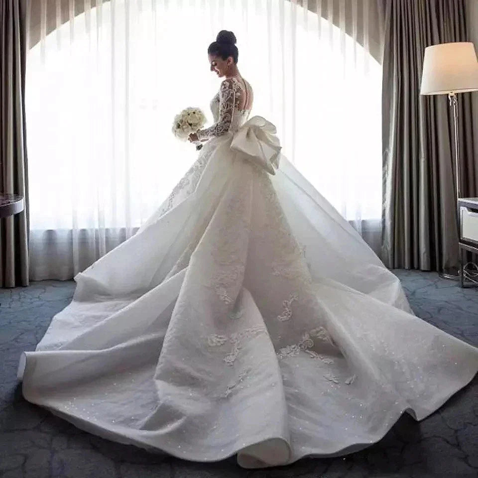 Luxury Women's Lace Wedding Dresses Detachable 2-Piece Set Gorgeous Decal Mermaid Long Sleeve Princess Formal Beach Bride Gowns-payinti