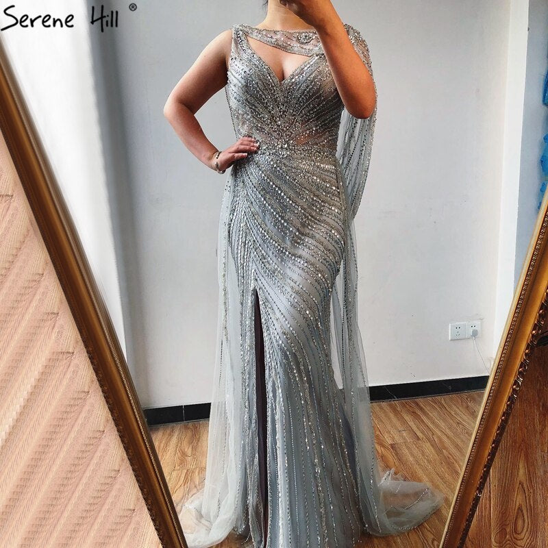 Luxus Champagner Sexy Split Abendkleider 2025 Diamant Ärmelloses Meerjungfrau Formale Kleid Ruhigen Hill LA70301 