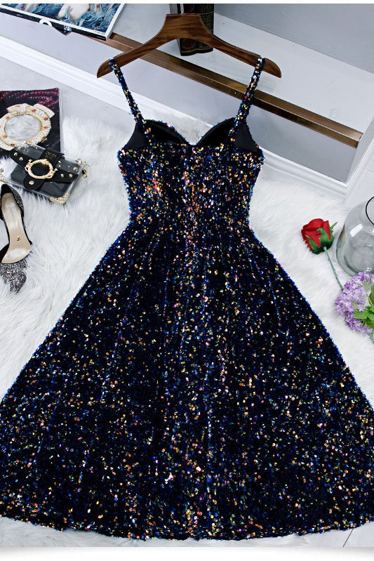 Glitter Spaghetti Straps Cute Short Prom Dresseses Tight Tea Length Ho