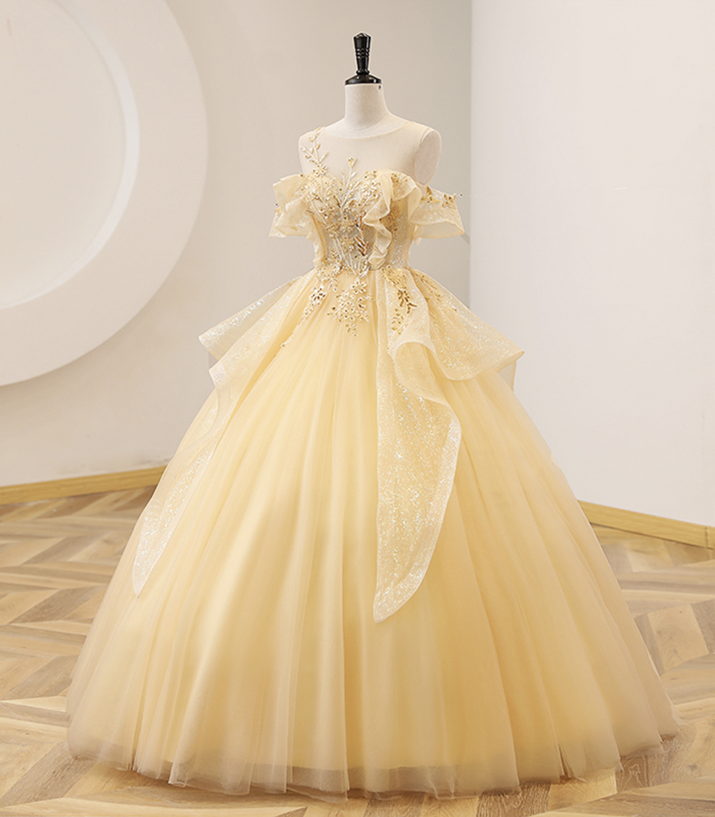 Gelbes Ballkleid mit Perlen Sweet 16 Kleid, gelbes langes Abendkleid Y4045