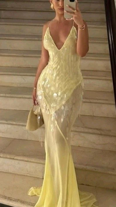 Vestido de noche de sirena con escote en V y lentejuelas de gasa amarilla Y7892