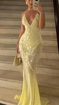 Vestido de noche de sirena con escote en V y lentejuelas de gasa amarilla Y7892