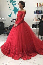 Rotes schulterfreies Spitzen-Tüll-Abendkleid mit langen Ärmeln, Ballkleid, Brautkleider, MP351 