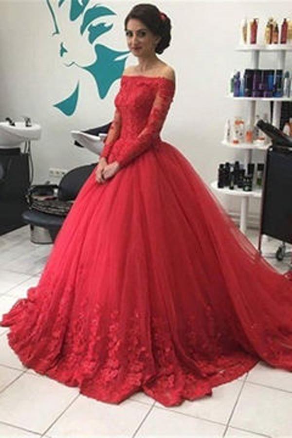 Rotes schulterfreies Spitzen-Tüll-Abendkleid mit langen Ärmeln, Ballkleid, Brautkleider, MP351 