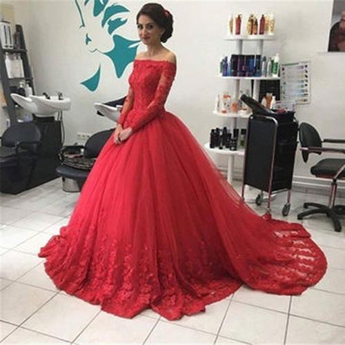 Rotes schulterfreies Spitzen-Tüll-Abendkleid mit langen Ärmeln, Ballkleid, Brautkleider, MP351 
