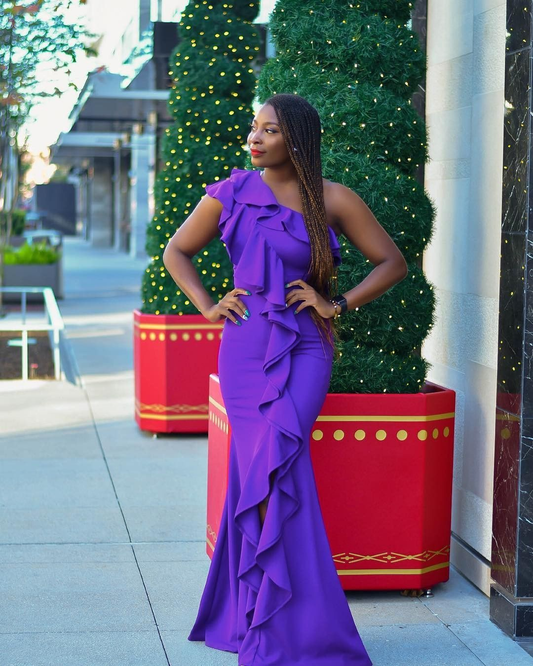 Vestido de fiesta morado de sirena con un solo hombro. Vestido de noche morado Y5780