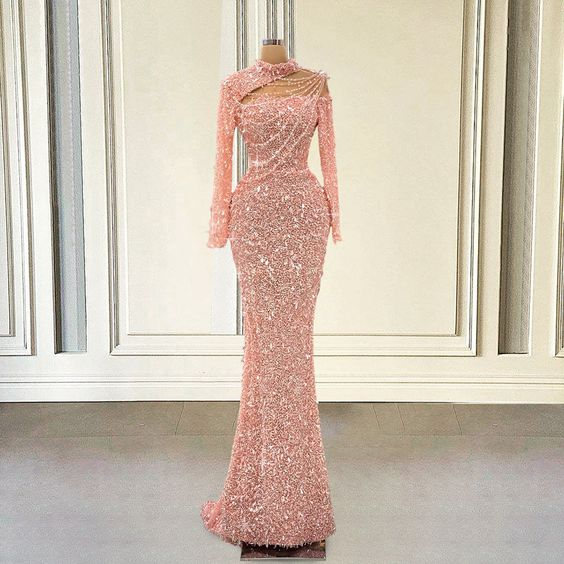 Vestidos de fiesta largos de sirena con lentejuelas rosas brillantes para graduación, de lujo, mangas largas, vestidos de noche formales para mujer Y6864
