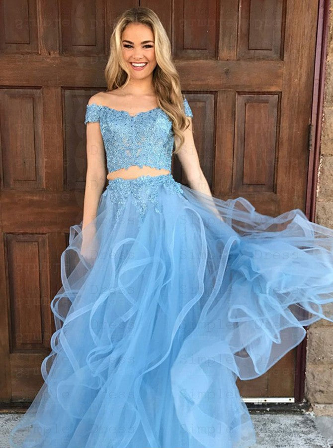 Tulle Two Piece Off-the-Shoulder Prom Dresses with Appliques