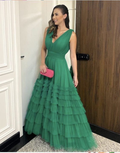 Vestido de fiesta largo verde con escote en V y corte A, vestido de noche Y4830