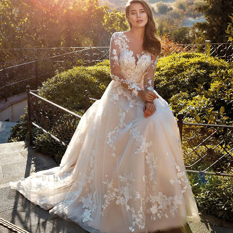 Elegant Lace A-line Wedding Dress Full Sleeves Court Train O-neck Buttons Vestido De Novia Bridal Gown Custom Made-payinti