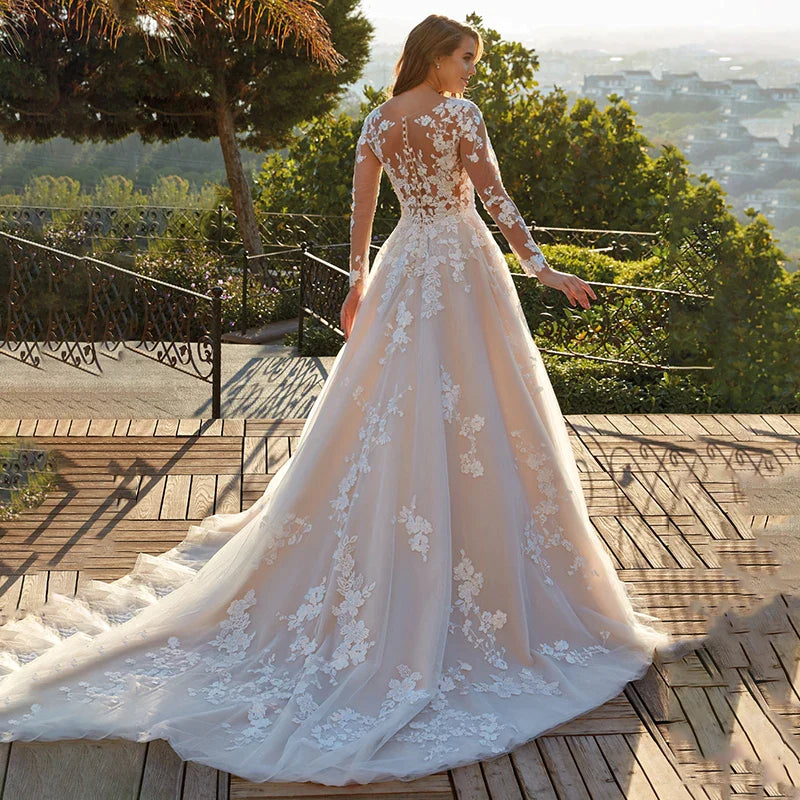 Elegant Lace A-line Wedding Dress Full Sleeves Court Train O-neck Buttons Vestido De Novia Bridal Gown Custom Made-payinti
