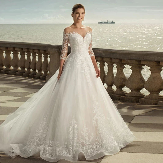 MACDUGAL Exquisite Three-Quarter Sleeves Mopping O-Neck Lace Charming Applique Back Lace Double Button Wedding Dress-payinti