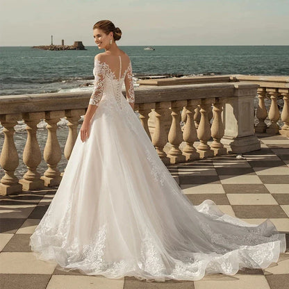 MACDUGAL Exquisite Three-Quarter Sleeves Mopping O-Neck Lace Charming Applique Back Lace Double Button Wedding Dress-payinti