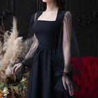 Elegante vestido de noche negro de corte A con mangas largas y cuello cuadrado, para mujer Y4557