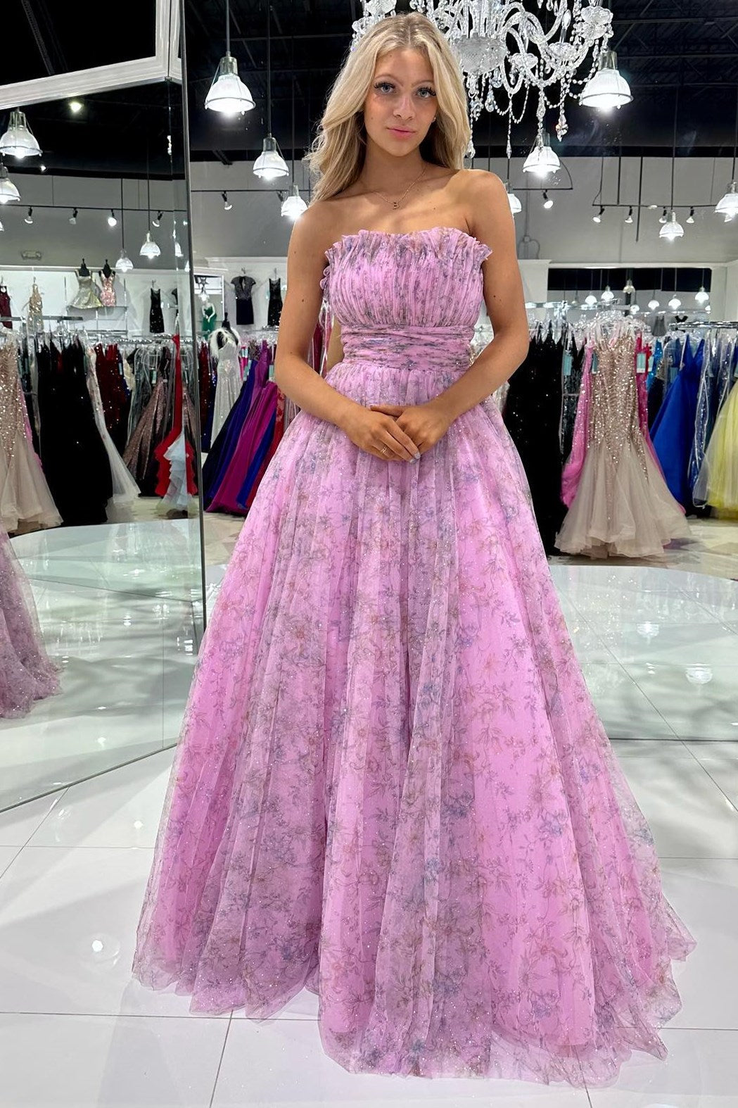 Amani | Vestido de fiesta de tul con purpurina, estampado, sin tirantes y corte A