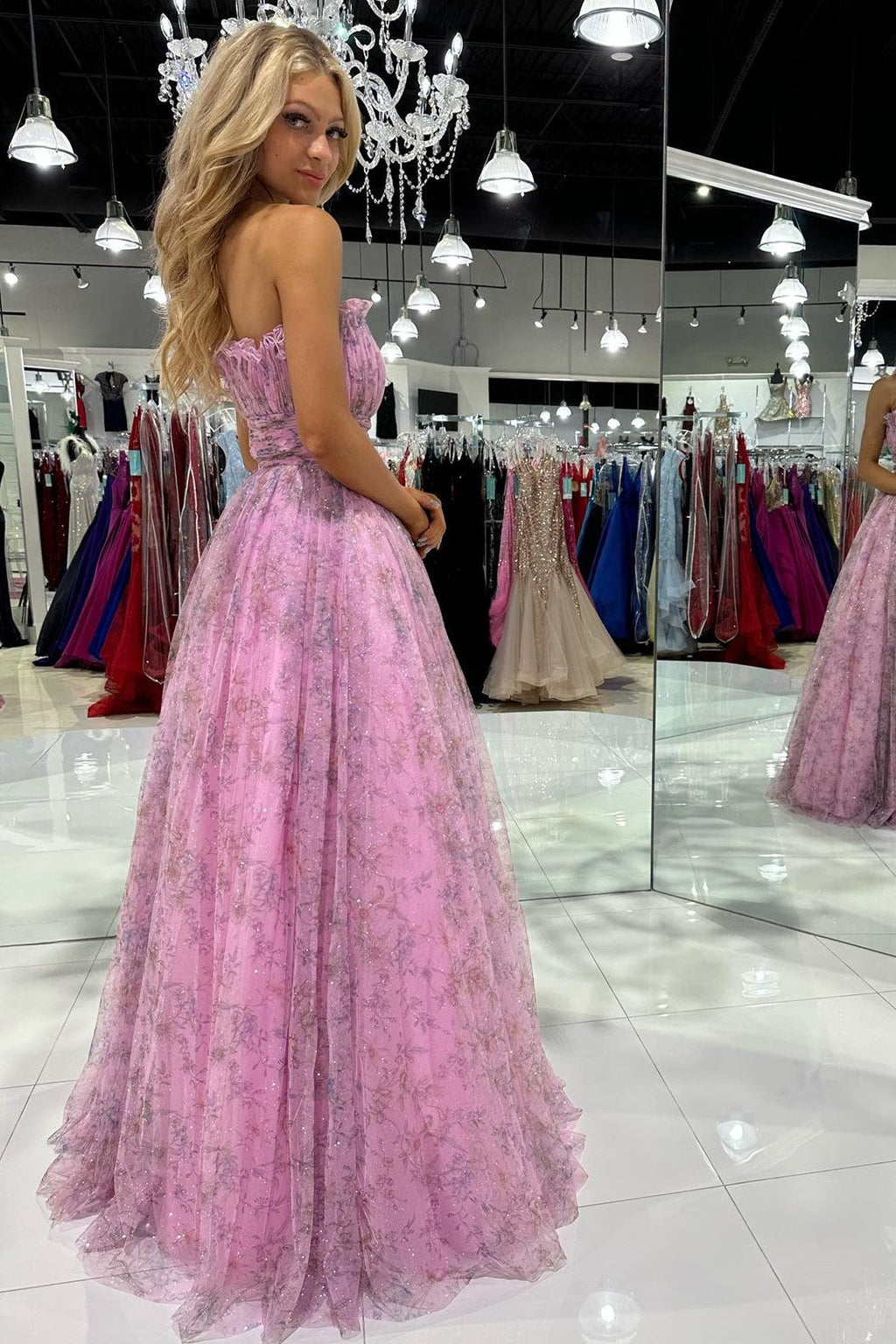 Amani | Vestido de fiesta de tul con purpurina, estampado, sin tirantes y corte A