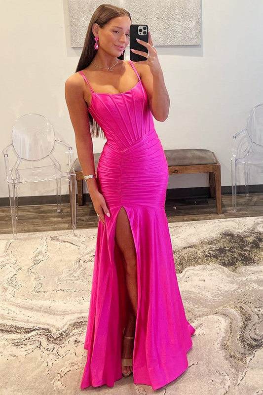 Mermaid Scoop Neck Satin Prom Dress with Slit