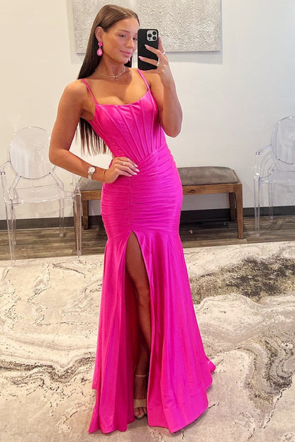 Sunnderly Addilynn | Vestido de fiesta de satén con escote redondo y abertura, corte sirena