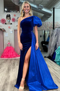 Velvet One-Shoulder Long Formal Dress with Attached Train