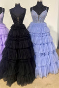 Hadlee | Schwarzes Ballkleid mit Spaghettiträgern und Rüschen und Perlenbesatz