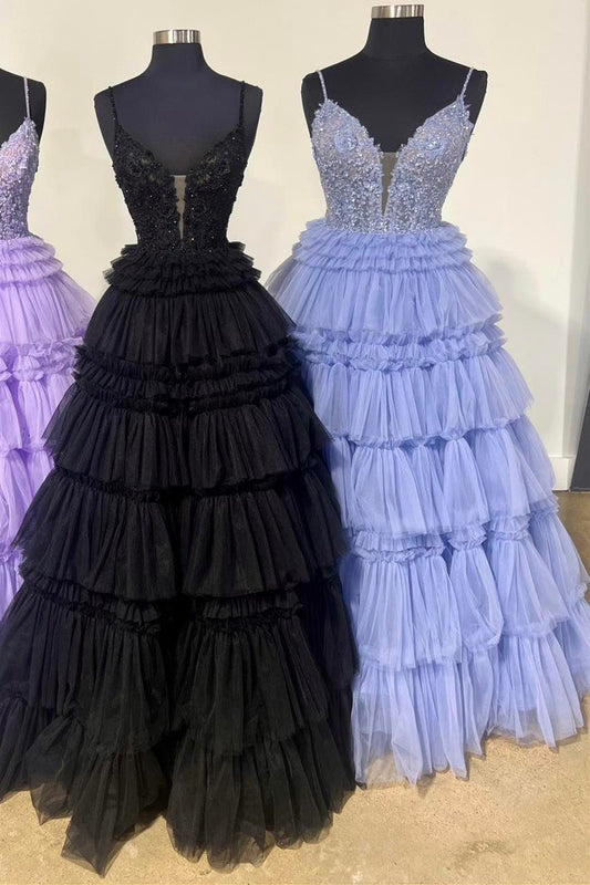 Hadlee | Schwarzes Ballkleid mit Spaghettiträgern und Rüschen und Perlenbesatz
