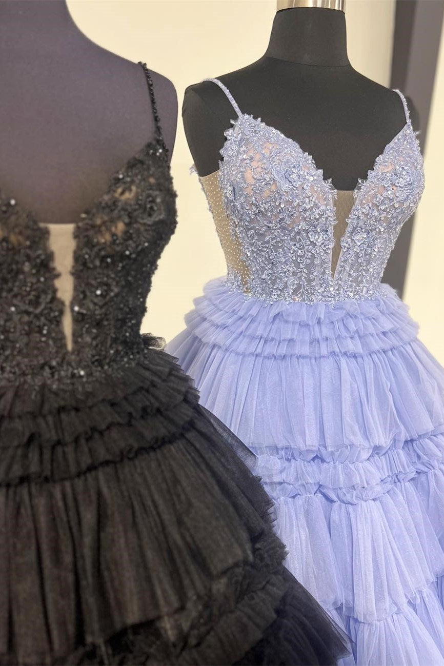 Hadlee | Schwarzes Ballkleid mit Spaghettiträgern und Rüschen und Perlenbesatz