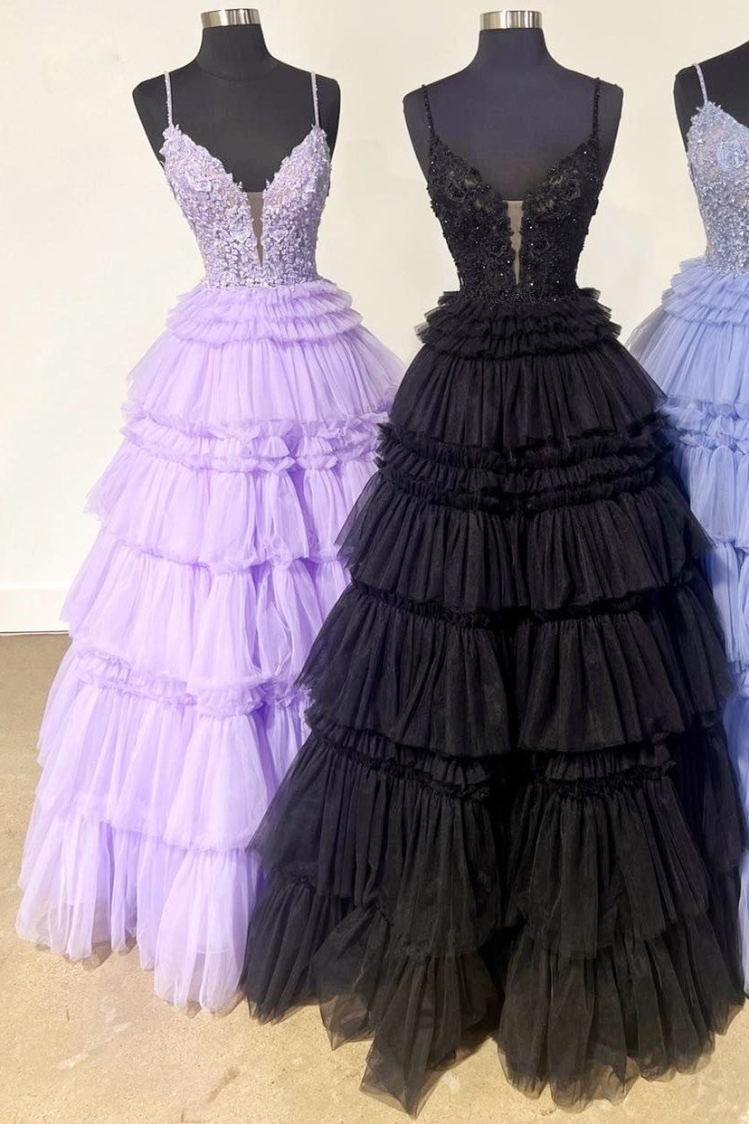 Hadlee | Schwarzes Ballkleid mit Spaghettiträgern und Rüschen und Perlenbesatz