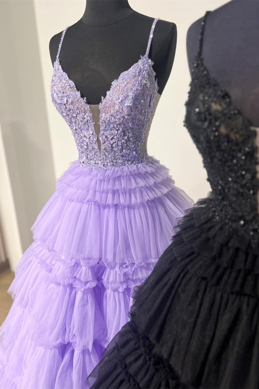 Hadlee | Schwarzes Ballkleid mit Spaghettiträgern und Rüschen und Perlenbesatz