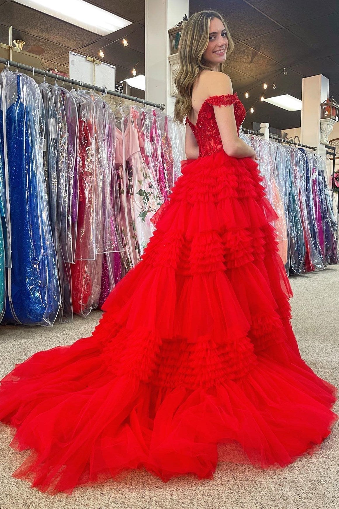 Tulle Off-the-Shoulder Ruffle Tiered Long Prom Dress