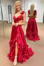 Cutout Ruffle A-Line Long Prom Dress with Slit