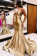 Vestido formal largo de corte trompeta con cuello en V y cordones dorados