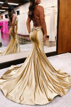 Vestido formal largo de corte trompeta con cuello en V y cordones dorados