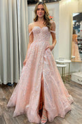 Sally | Rosa schulterfreies A-Linien-Ballkleid mit Applikationen