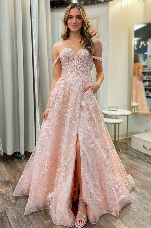 Sally | Rosa schulterfreies A-Linien-Ballkleid mit Applikationen