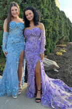 Dayana | Vestido de fiesta largo sin tirantes con encaje floral 3D y mangas desmontables