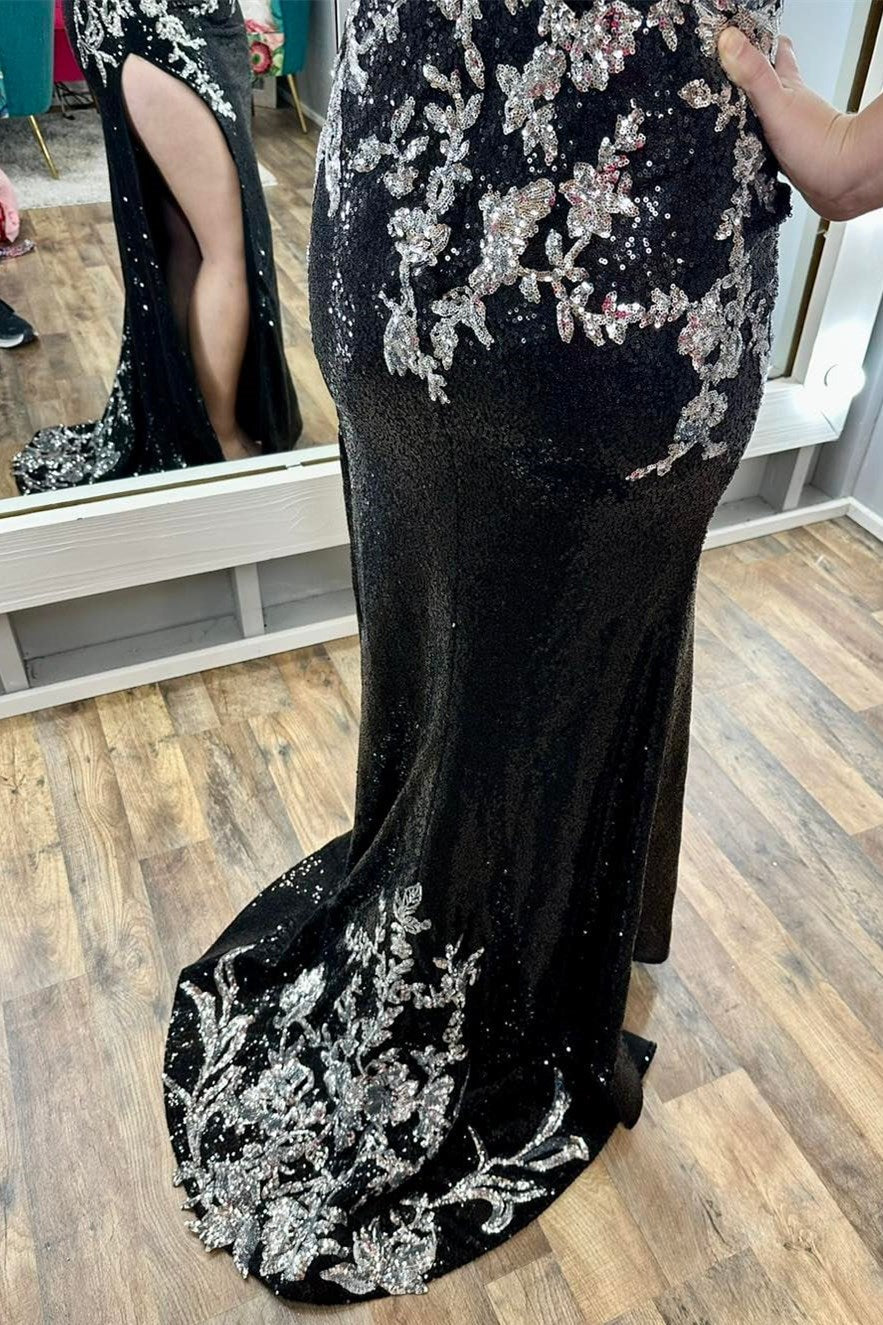 Sequin Appliques Spaghetti Strap Long Prom Dress with Slit