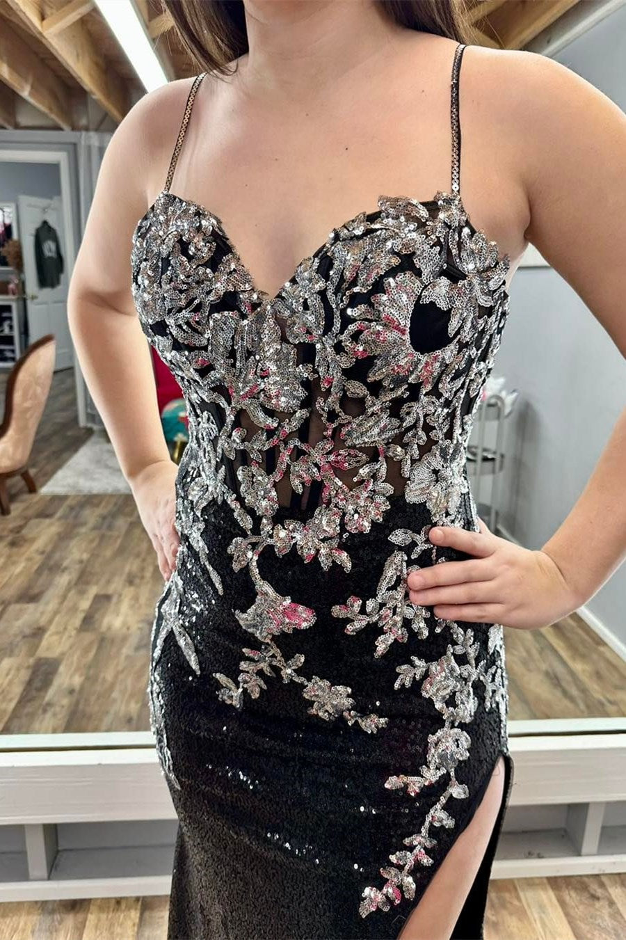 Sequin Appliques Spaghetti Strap Long Prom Dress with Slit