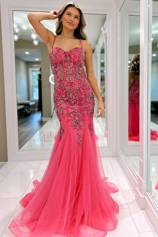 Oakleigh | Rosa, perlenbesetztes Trompetenkleid mit Spaghettiträgern