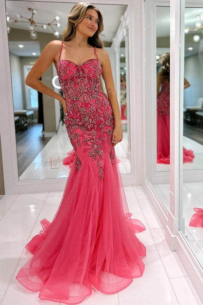 Oakleigh | Rosa, perlenbesetztes Trompetenkleid mit Spaghettiträgern