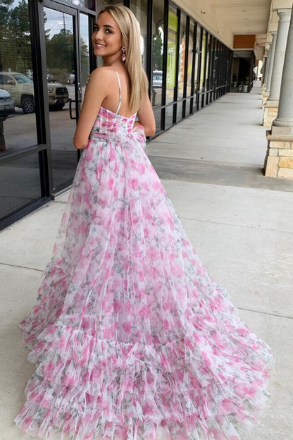 Rita | Rosa bedrucktes Neckholder-A-Linien-Ballkleid mit Schlüsselloch