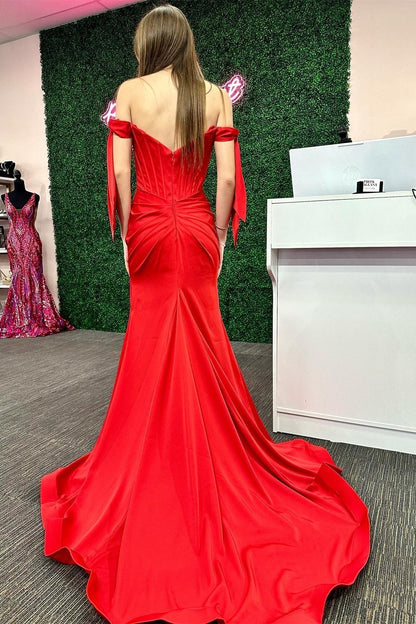 Pamela | Rotes, schulterfreies, langes Meerjungfrauen-Ballkleid mit Schleife und Schlitz