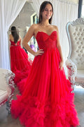 Romy | Vestido de fiesta largo con volantes y escote corazón con apliques de tul rojo