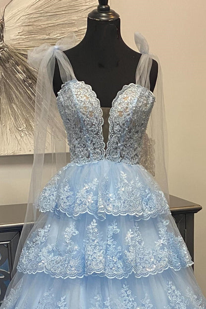 Tulle Appliques Tying Strap Ruffle Tiered Long Prom Dress