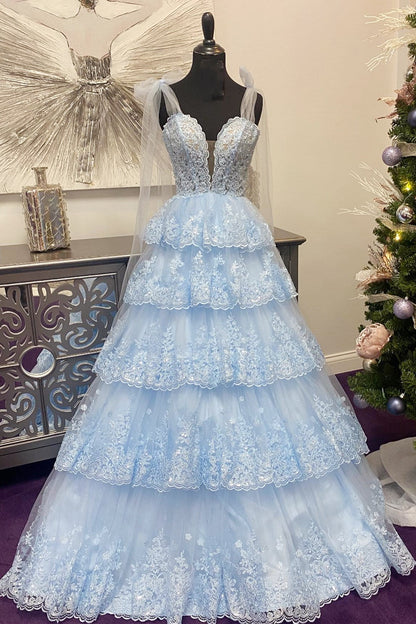 Tulle Appliques Tying Strap Ruffle Tiered Long Prom Dress