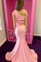 Melanie | Vestido de fiesta largo rosa de corte trompeta con un solo hombro